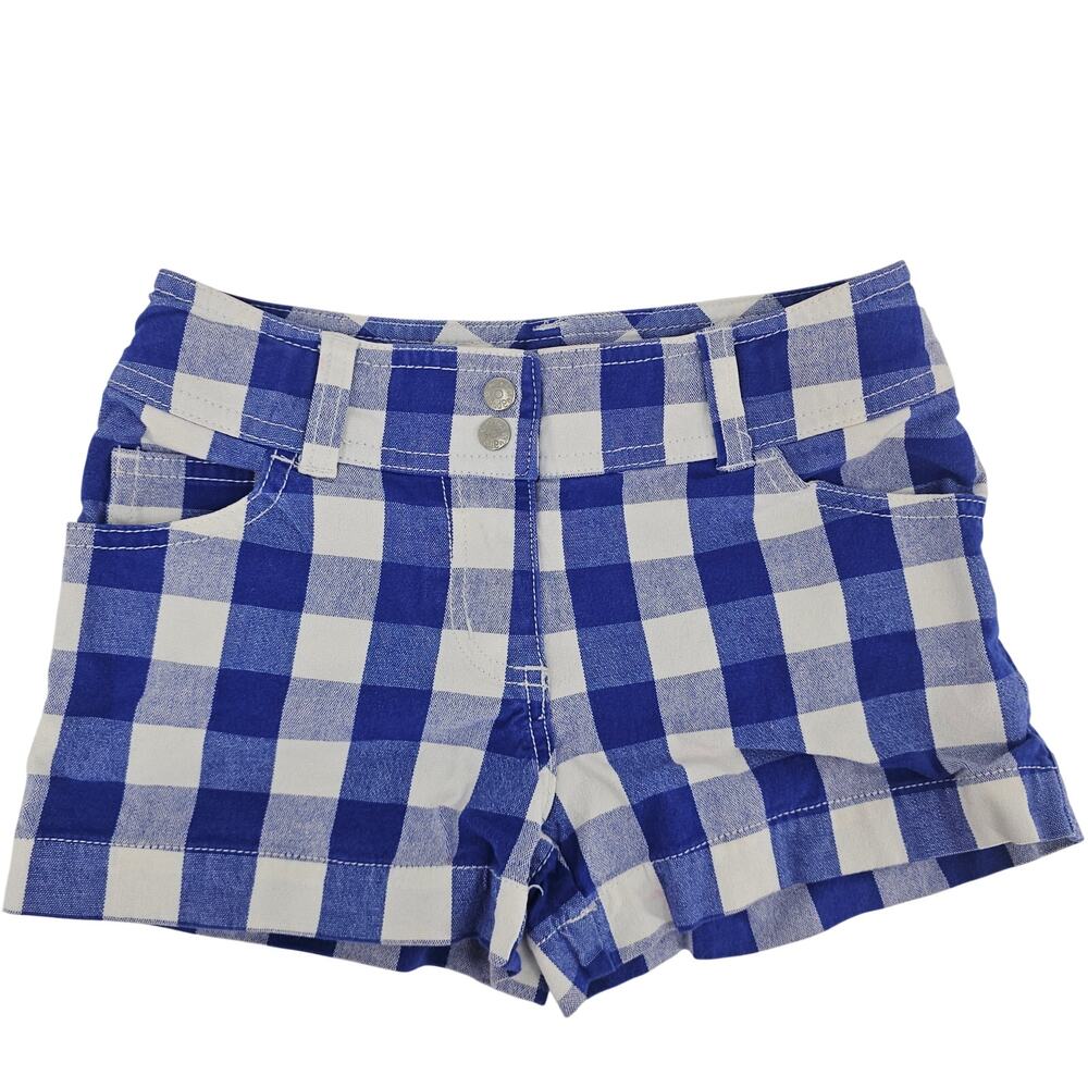 Mini Boden girls' gingham checkered shorts royal blue white pattern 8 Y 4023